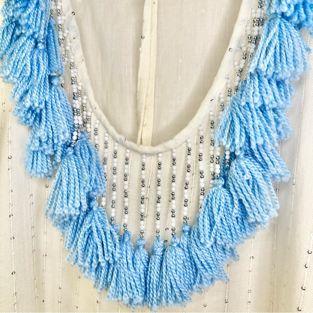 Sundress Indiana White Sequin Turquoise Beaded Tassels Swim Cover-Up Mini Dress - Picture 7 of 9
